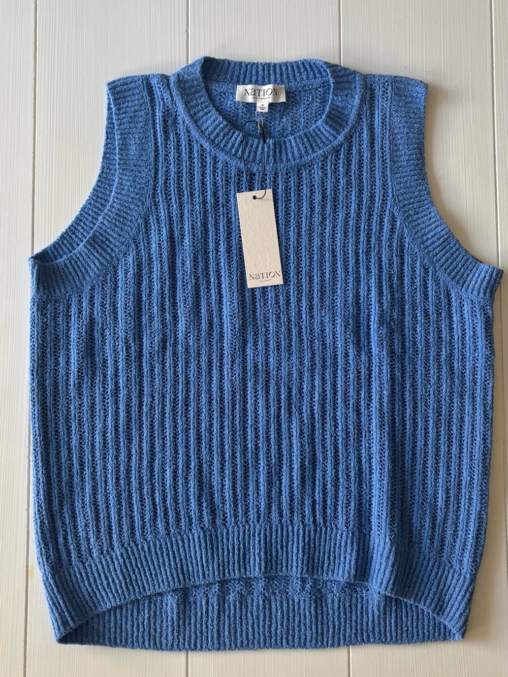 Nation LA Blue Ribbed Knit Sleeveless Crew Sweater NWT S